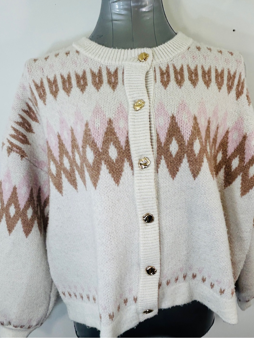 Song of Style Cream Cardigan with Brown & Light Pink Fair Isle Pattern
